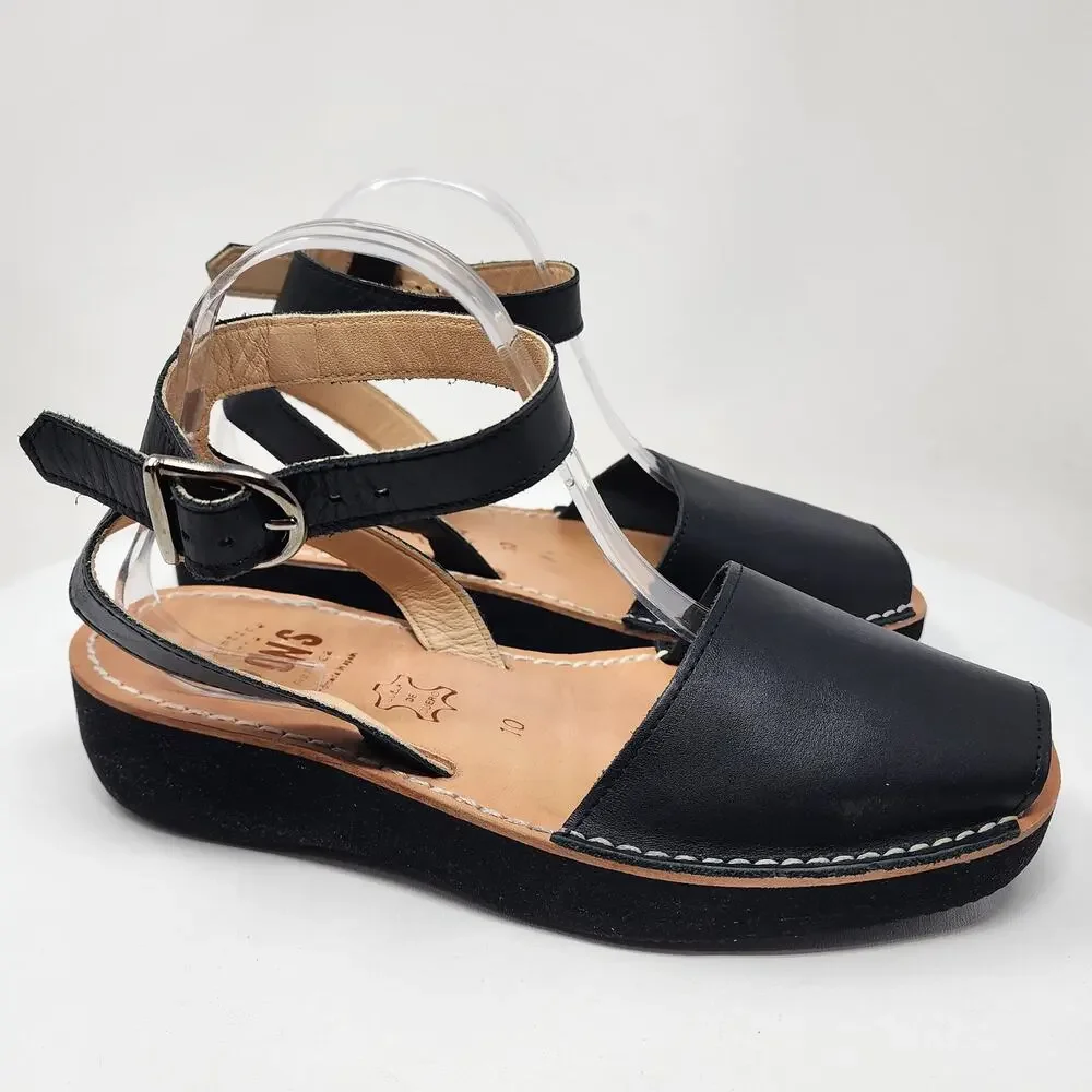 PONS Mediterranean Avarca Sandals Black Leather Adjustable Ankle Strap 524 - Picture 3 of 14